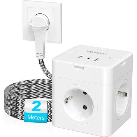 Multiprise USB 3 USB 4 prises plates avec interrupteur unique, multiprise 7 en 1 avec câble tressé de 2 m, pour bureau, voyage, blanc (1/5)