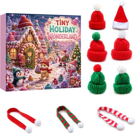 Calendrier de l'Avent de Noël avec mini bonnets et écharpes tricotés, boîte surprise festive à 9 compartiments pour les fêtes et décorations de fête (1/5)