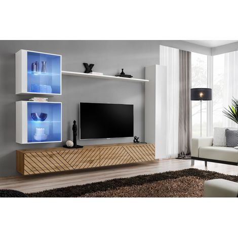 Ensemble de 6 meubles muraux "Switch XVIII" pour TV en bois - Beige et Blanc - L 280 x H 180 x P 40 cm - Livraison gratuite
