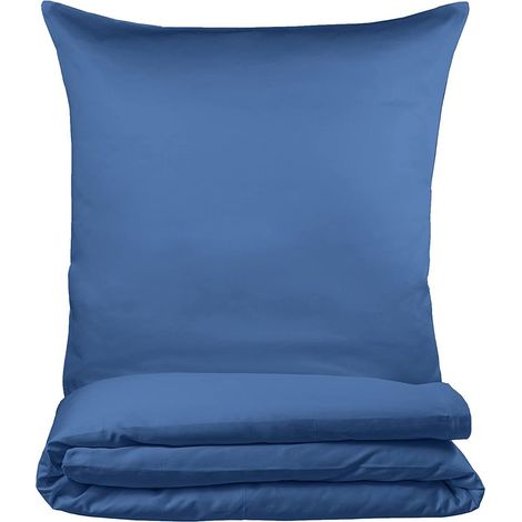 Parure de lit en Satin de Coton - Housse de Couette de 135 x 200 cm et taie d'oreiller de 80 x 80 cm - 100% Coton - Bleu (1/5)