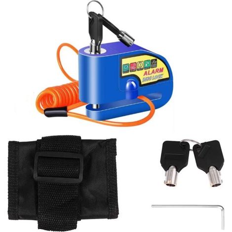Antivol de disque de frein moto avec alarme 110 dB, câble de rappel 1,5 m, verrou de sécurité universel pour moto et scooter, couleur bleue (1/5)
