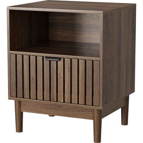 CAIziTable de chevet moderne au style médiéval en noyer, avec design à lattes et un tiroir, adaptée à la chambre, au couloir, au salon et à la chambre d’enfant, 45 x 39 x 56,5 cm, 1 pièce (1/5)