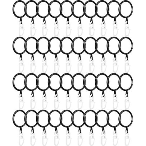 Lot de 40 anneaux de rideaux avec crochets en métal noir avec crochets en plastique blanc, diamètre intérieur 30 mm, pour tringle à rideau, rideau de lit et rideau de douche (1/5)