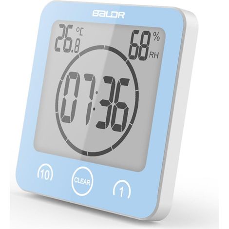 Horloge de salle de bain, minuteur de douche numérique, horloge de cuisine étanche avec thermomètre et hygromètre pour la douche, la cuisine et le maquillage. (1/4)