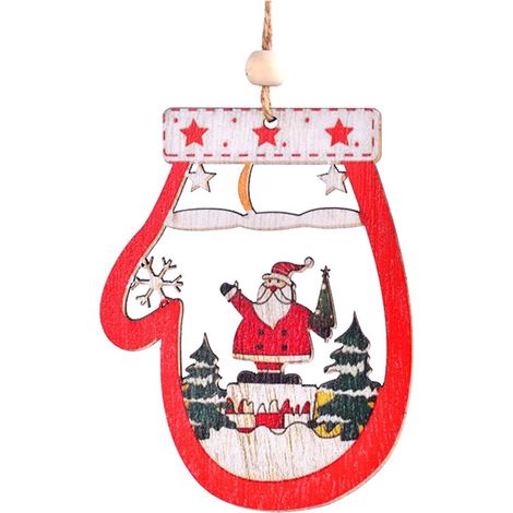 Gant En Bois - Pendente Décoratif De Noël Avec Motif De Père Noël Bonhomme De Neige Traîneau Arbre - 10 x 7,5 x 0,5 cm - Lot De 1 (1/2)