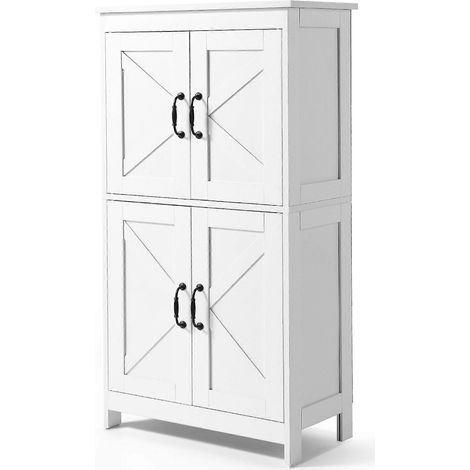Freistehendes Badezimmer-Aufbewahrungssystem, 4 Ebenen, aus Holz, mit 4 Türen und verstellbarem Einlegeboden, weiß. (1/5)