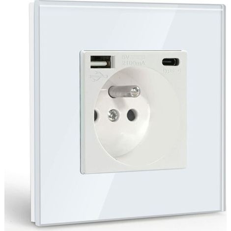 Prise Murale avec USB et 1 Type C,Blanc courant alternatif avec Panneau en verre cristal,Multiprise Murale avec USB(max2.1A),convient à la smartphone,à la tablette (1/4)