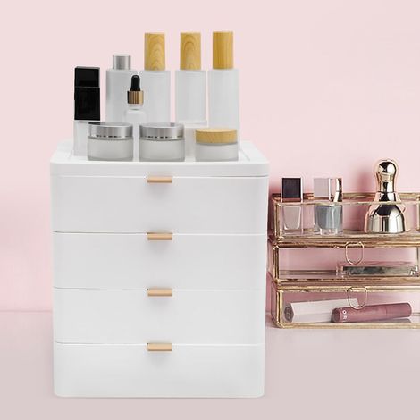 Boîte de rangement 4 couches avec tiroirs - Blanc - Organiseur de bureau moderne - Convient pour ranger livres, bijoux, cosmétiques, petites pièces, etc (1/5)