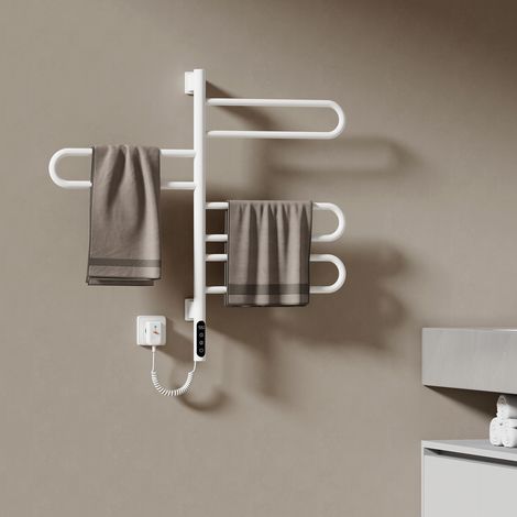 EMKE Sèche-serviette électrique, 780x430x90mm, Porte-serviettes chauffant électrique rotatif 180°, température constante, LCD tactile, Tube rond, Blanc (1/5)