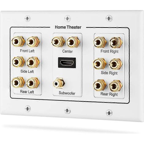 Plaque murale de distribution surround 3 voies pour home cinéma, avec connecteurs banane en cuivre plaqué or, pour 7 haut-parleurs. (1/5)