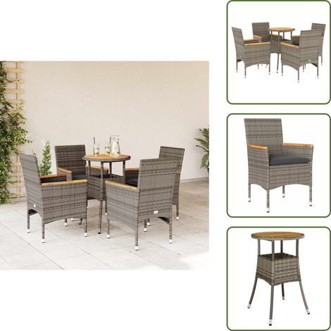 The Living Store Ensemble à manger de jardin et coussins 5 pcs gris rotin acacia - Table de jardin (1/5)