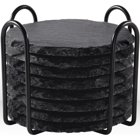 Set di 8 sottobicchieri in ardesia con supporto in metallo - Scatola da 10 cm per proteggere il tavolo - Decorazione per casa, cucina o bar - Regalo di nozze o decorazione da appendere (Nero, Rotondo)