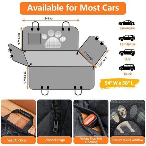 Hamac Voiture Chien - 137 x 147 cm - Imperméable Oxford - Avec 2 Ceintures de Sécurité - Pour Banquette Arrière et Coffre - 1 Pièce (1/4)