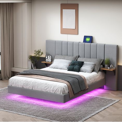 Letto per adulti 140x200 cm con LED, letto imbottito grigio con testiera e porta di ricarica USB, letto matrimoniale in tessuto di lino, senza materasso (1/5)
