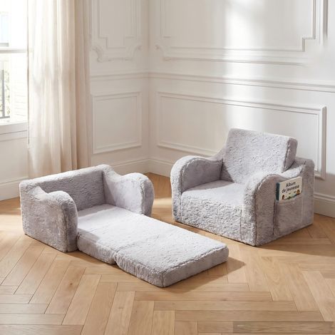 canape convertible Canapé enfant pliable 2 en 1 43 x 60 x 43 cm - Fauteuil convertible lit de sieste en peluche douce avec accoudoirs et poche latérale - Gris clair (1/5)