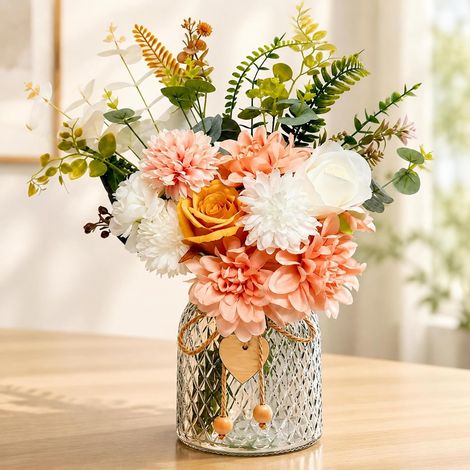 Fleurs Artificielles avec Vase en Verre, Bouquet de Rose, Dahlia et Eucalyptus en Soie, Florale Artificielle Réaliste, Centre de Table pour Salon, Cuisine, Bureau, Mariage, Décoration Maison (1/5)