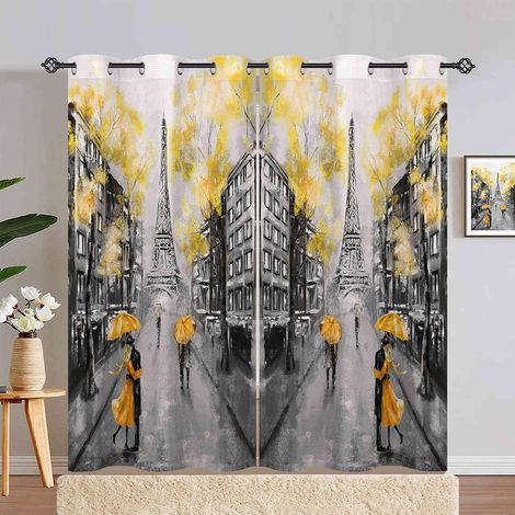 Rideau Occultant Paris Tour Eiffel Jaune Arbre Rideau Thermique Isolant Draperies Intérieurs Tenture Opaque à Oeillets pour Maison Chambre Salon Fenetre 2 Pièces L 140 x H 240 cm - 140L X 240H cm (2 P (1/5)
