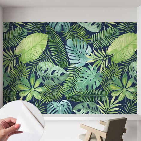 Papier peint adhésif décoratif pour salon chambre et cuisine Facile à poser avec colle Feuilles tropicales 152x104 cm (1/5)