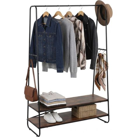 Relaxdays Appendiabiti, 2 ripiani, 6 ganci, asta appendiabiti, HxLxP 160 x 100 x 45 cm, per ingresso, marrone-nero