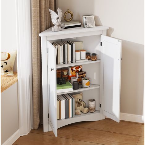 Armoire d'angle de salle de bain 61.5x80 cm blanche en MDF laque avec 2 portes et 3 niveaux (1/5)