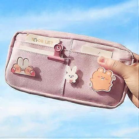 Trousse à crayons Kawaii avec 3 épingles - Trousse à crayons esthétique - Fournitures scolaires Kawaii (Rose) (1/5)
