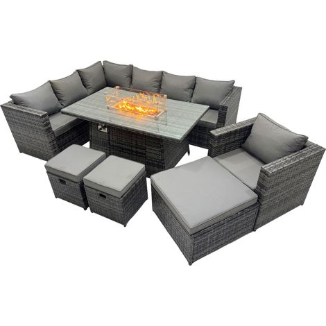 Fimous Rattan Garden Furniture Dining Set 10-seater Gas Firepit Dining Table Corner Sofa Set with 3 Stool Dark Grey Mixed (1/5)