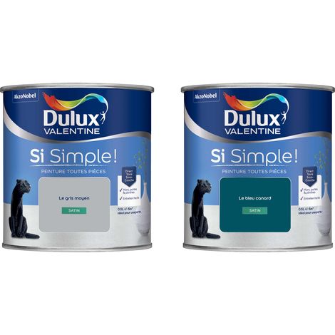 Dulux Valentine Peinture Si Simple Lot de 2 Peinture Intérieure Toutes Pièces Satin - Peinture Murs et Plafonds, Portes et Plinthes - Couleurs : Le Gris Moyen & Le Bleu Canard 0,5 L