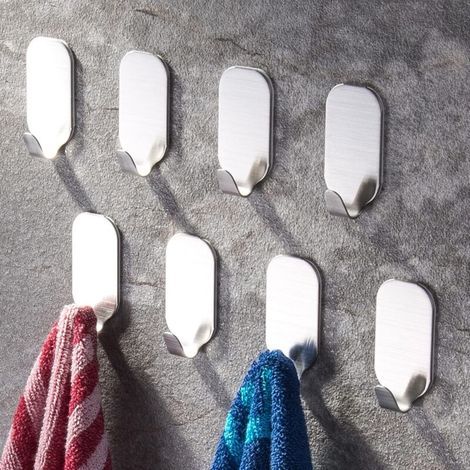 Self-adhesive wall hooks, set of 8, kitchen and bathroom towel rack, no drilling required, stainless steel (1/5)