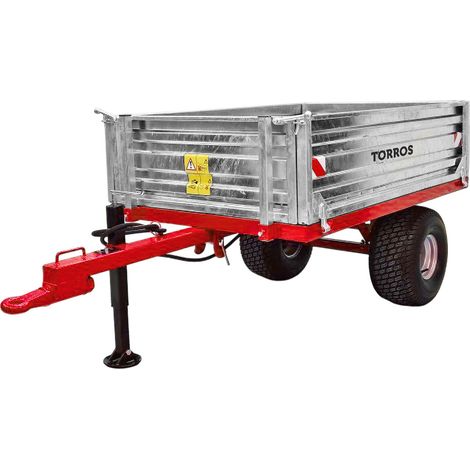 Remorque simple essieu 1000 kg pour Micro-Tracteur - Benne galvanisée basculante hydraulique - 1600 x 1100 x 400 mm - Attelage anneau ø50 mm Torros AHRT100H (1/5)