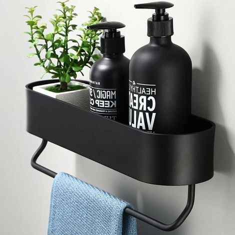 Estante de baño adhesivo sin perforaciones, cesta de ducha negra, organizador de champú y ducha, cesta de almacenamiento con toallero (1/4)