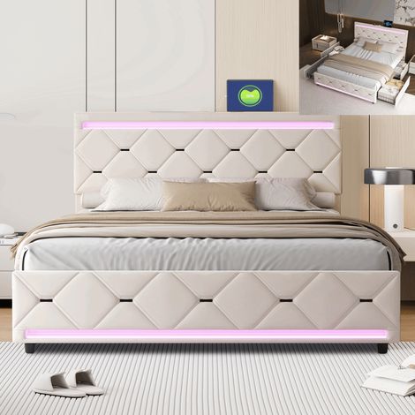 Letto matrimoniale 160x200,letto matrimoniale contenitore,letto imbottito,con LED, USB, quattro cassetti,Velluto, beige (1/4)