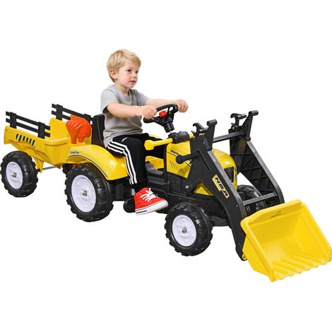 Excavatrice à pédales pour enfants da 3 ans avec Roue avant, Remorque et 6 Roues, jaune. Excavatrice à pédales pour enfant, un jouet réaliste pour les petits amateurs de travaux, adapté aux enfants...