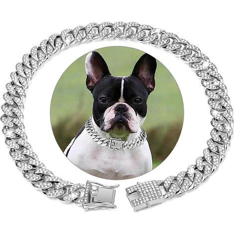 Silver Dog Chain Diamond Cuban Collars Walking Silver Metal Chain Collar with Design Secure Buckle,Pet Cuban Crystal Jewelry Collar (Silver,10inch) (1/5)