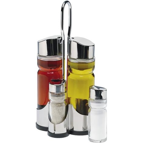 Set Condiments 4 Pièces - Acier Inoxydable Et Verre - Huilier Vinaigrier Salière Poivrière - 175ml Et 37,5ml - Finition Argent (1/5)
