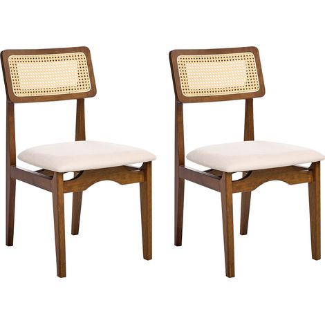 Conjunto de 2 sillas de comedor asientos poliéster respaldo ratán sintético estructura caucho lacado sin reposabrazos retro marrón Rubonia (1/5)