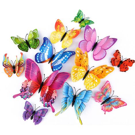 Schmetterlings-Wanddekorationen, 12er-Set, 3D-Schmetterlingsaufkleber, Partydekorationen mit Magneten (bunt, 12er-Set)