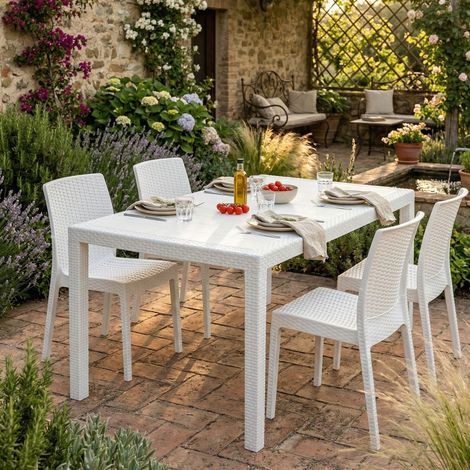 Dmora Mesa de jardín Portici, Mesa de comedor rectangular, Mesa de jardín multiusos efecto ratán, 100% Made in Italy, Cm 150x90h72, Blanco, con embalaje reforzado (1/5)