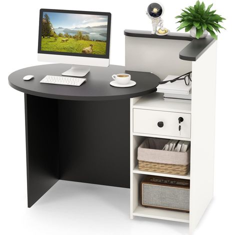 COSTWAY Reception Desk Front Counter Desk w/ Lockable Drawer & Shelf-Black