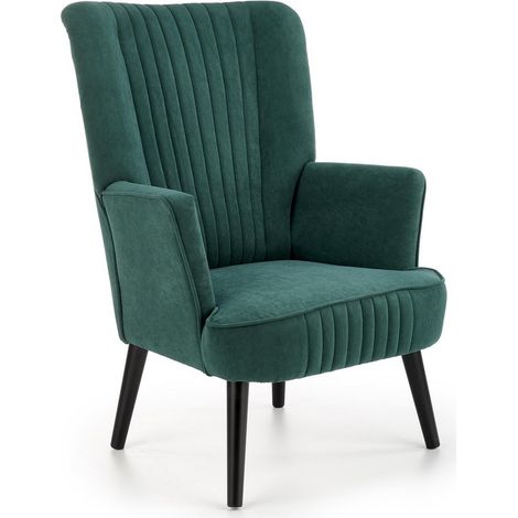 Fauteuil contemporain en velours vert avec haut dossier et pieds noirs en bois massif CYRUS (1/5)