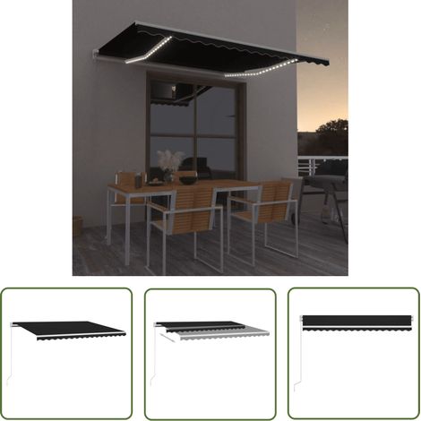 The Living Store Auvent manuel rétractable avec LED 450x350 cm Anthracite - Auvent Pliable - Store Extérieur - Parasol - Abri Jardin - Protection Soleil (1/5)