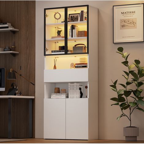 Vitrine 70 x 30 x 200 cm avec LED, 2 portes vitrées, 1 tiroir et rangement blanc DESVIAE (1/5)