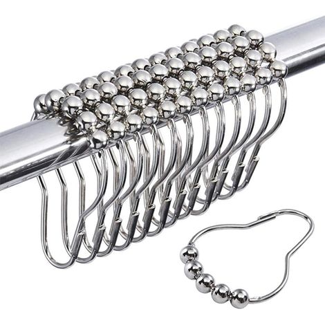 Set di 12 ganci per tenda da doccia in acciaio inossidabile argentato con sfere a rullo, resistenti alla ruggine, chiusura robusta, adatti a bagni standard