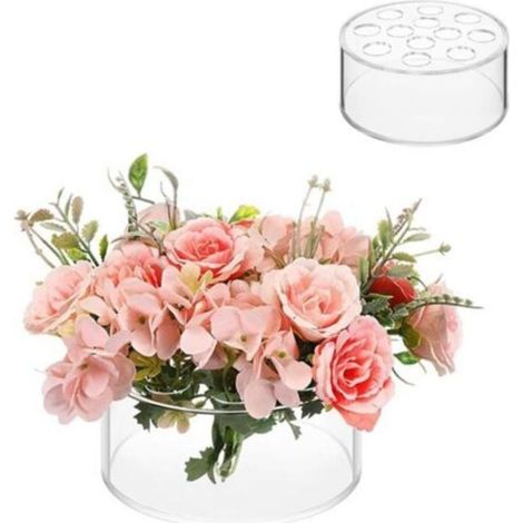 Vase rond en acrylique transparent 12 trous pour fête de mariage, centre de table à manger, centre de table floral cylindrique pour table à manger, support de fleurs bas avec trous pour la maison (1/4)