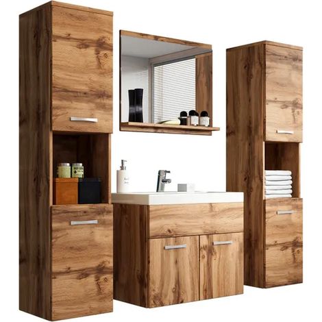 Bratex – Ensemble de meubles de salle de bain MONTREAL XL – Lavabo inclus 47,5 x 60 x 34,6 cm – 2 armoires hautes 131,5 x 30 x 30 cm – Couleur wotan