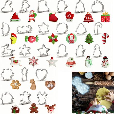 Set kerstkoekjesvormpjes van roestvrij staal, 24 stuks/set, kerstkoekjesvorm, fruitvorm, groentevorm, koekjesvormpers in de vorm van een kerstman, set cartoonkoekjesvormen, kerstavondkoekjesstempels ( (1/5)