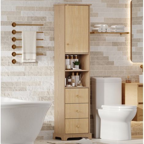 Mobile bagno colonna 40x30x172 cm naturale in MDF con 3 cassetti, ripiani aperti e mensola regolabile (1/5)