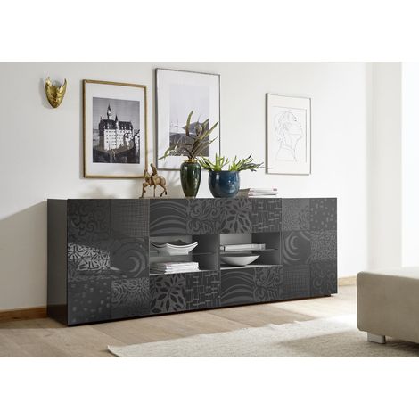 Buffet/bahut moderne 4 portes laqué gris brillant Orlane (1/5)