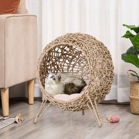 Rattanhöhlenbett für Katzen oder Kleintiere mit Dreibeingestell, weichem Plüsch- und Baumwollkissen, stabilem, erhöhtem Design, Ø 52 x 58 cm, Naturholz