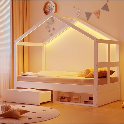 Lit cabane 90x190 cm blanc en bois avec tiroir, range-chaussures et LED multicolore (1/5)