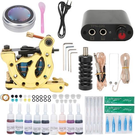 Tätowiermaschinen-Set mit Spulenspule, 90-265V EU-Stecker-Netzteil, Fußpedal, Tätowiernadeln, Anfängerset zum Üben. (1/5)